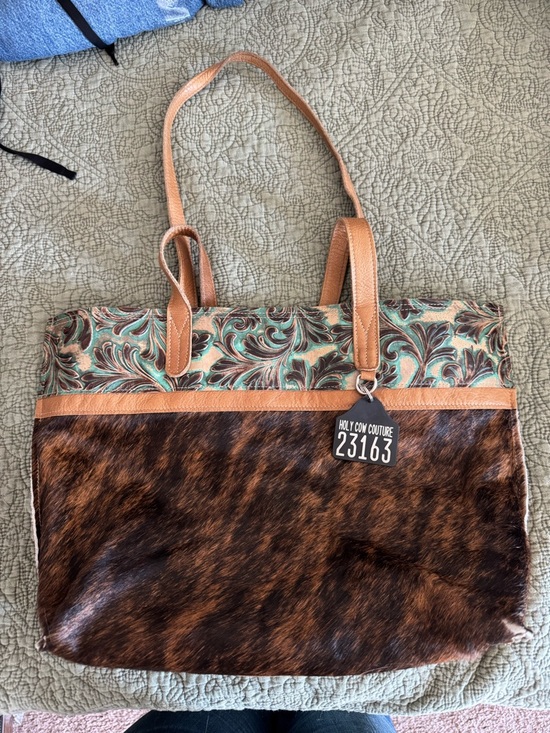 Holy Cow Couture Handbags - Holy Cow Couture Brown Hair-on Tote Bag with Turquoise Paisley Trim